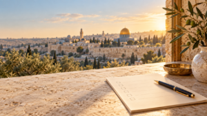 Checklist and pen overlooking Jerusalem at sunrise for planning burial in Israel